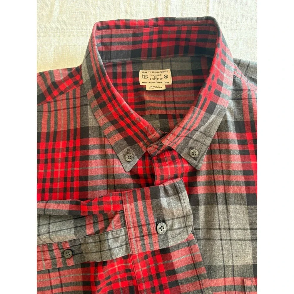 J Crew Mens XL Button Down Shirt Red Gray Plaid Cotton Long Sleeve
